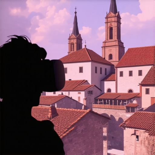 VR headset showing traditional Serbian village scene, digital tourism experience