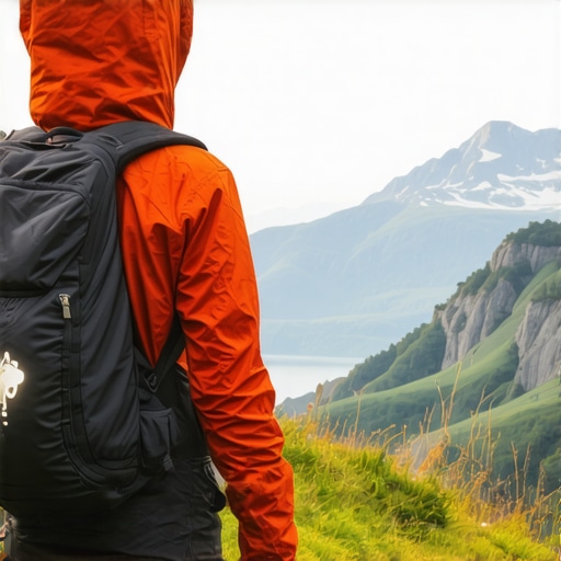 Modern hiking gear on a challenging trail with scenic landscape, emphasizing safety and technology