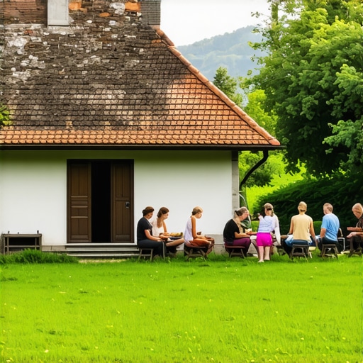 Seoska kuća u Srbiji okružena prirodom sa posetiocima koji uživaju u lokalnoj hrani