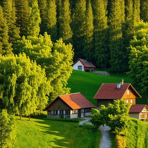 Bosansko selo sa drvenim kućama i prirodom u pozadini
