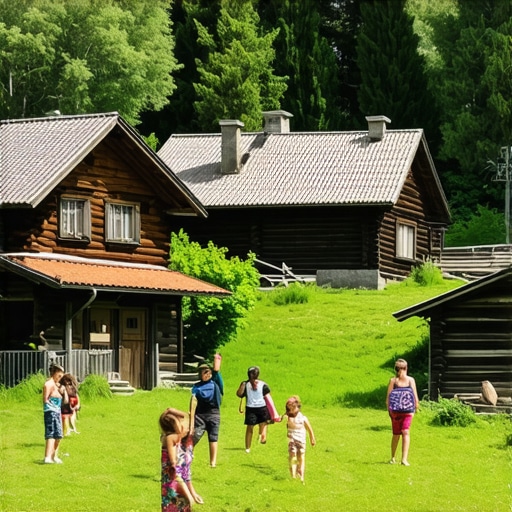 Serbian traditional village with wooden houses and family outdoor activities