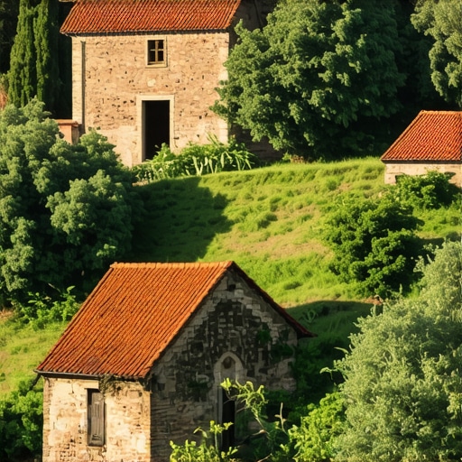 Serbian traditional village with old houses, lush greenery, and cultural artifacts.