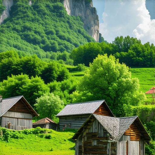 Serbian village with wooden houses and natural scenery