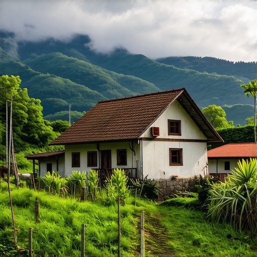 Traditional rural house nestled in lush green landscape with mountains