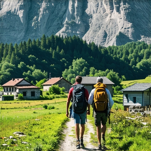 Hikers exploring Bosnian mountain landscape with traditional villages in background