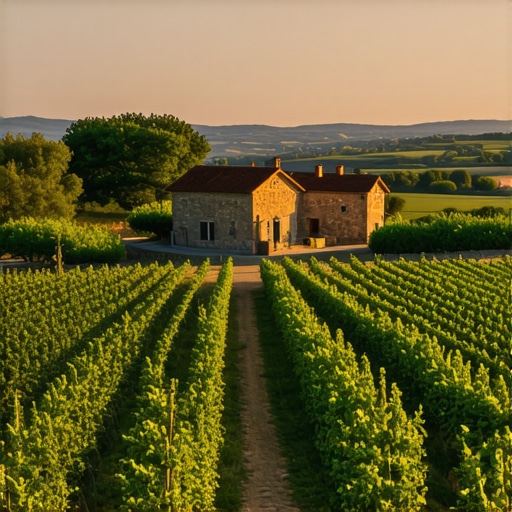 Scenic view of Croatian countryside with vineyards and traditional stone houses during sunset