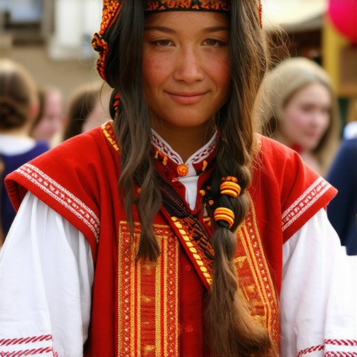 Colorful traditional costumes and crafts at an ethnographic festival in a rural village