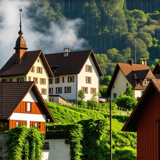 Traditional Slovenian rural landscape with heritage buildings and artisans