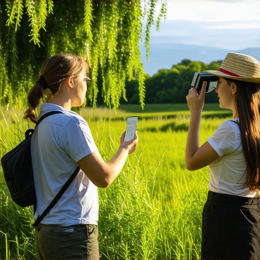Tourists using AR devices in Serbian countryside to explore local culture and nature