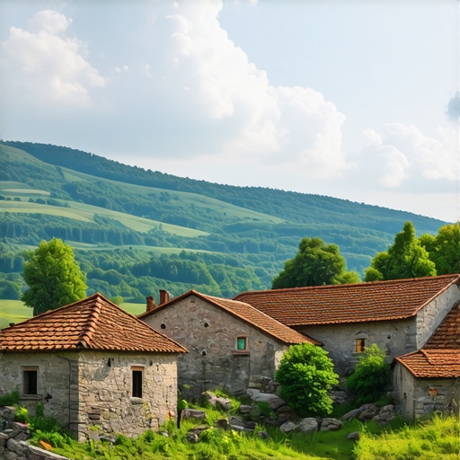 Serbian village scene with digital media and traditional architecture
