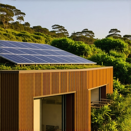 Eco-friendly resort showcasing solar panels and green architecture, with lush landscape