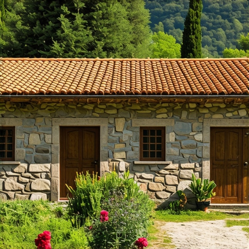 Traditional eco village surrounded by lush landscape in North Macedonia.