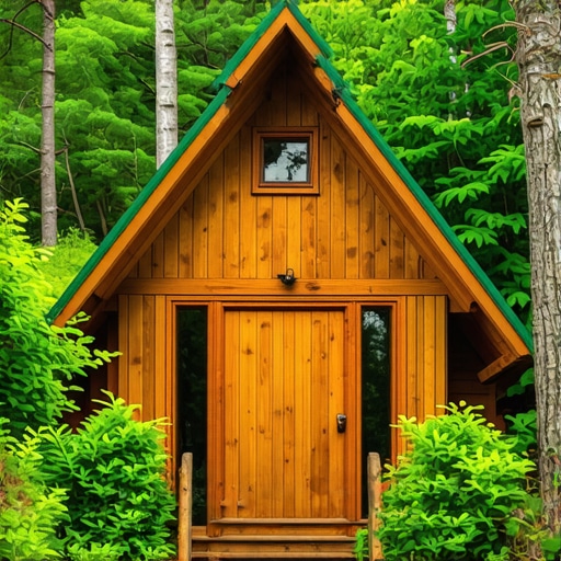 Rustic eco-friendly wooden cabin surrounded by forest