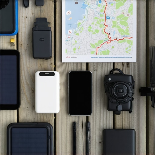 Eco-friendly outdoor gear with solar chargers and trail map in forest