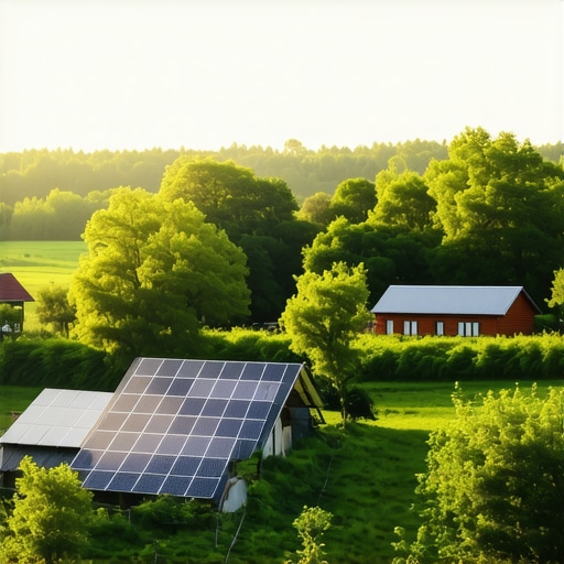 Ruralna ekološka farma u Srbiji sa solar panelima i tradicionalnim kućama, zelena priroda, izlazak sunca