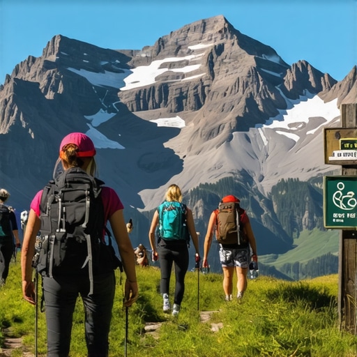 Planinari u prirodi sa ekološkim oznakama i sunčanim okruženjem