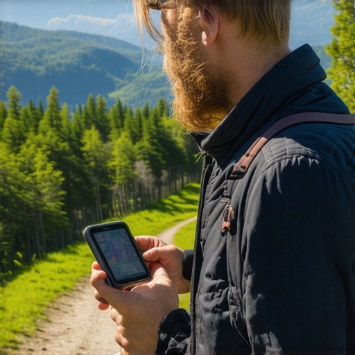 Hiker with GPS device on lush Fruška Gora trail
