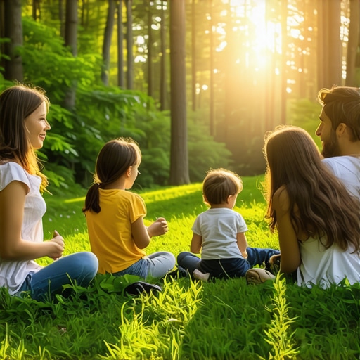 Family engaging in natural therapy activities in a forest setting, expert guidance, vibrant and peaceful environment