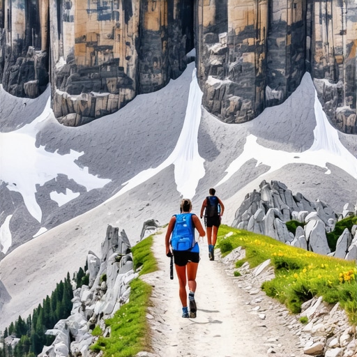 Climbers navigating rugged Dolomites trail with panoramic mountain views