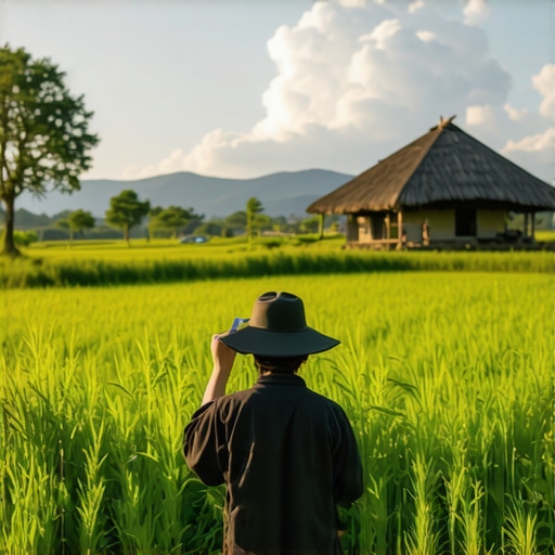 Scene of rural tourism featuring traditional elements and modern digital tools for content creation