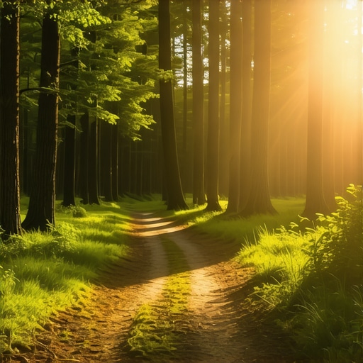 Sunčeva svetlost kroz šumske krošnje na mirnoj stazi