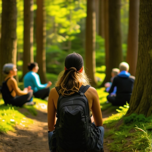 People practicing mindfulness and breathing exercises during a forest hike, serene natural environment
