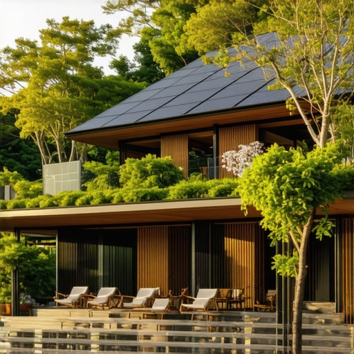 Hotel sa solarnim panelima i zelenim okruženjem, moderna arhitektura, održiv dizajn, jutarnje svetlo