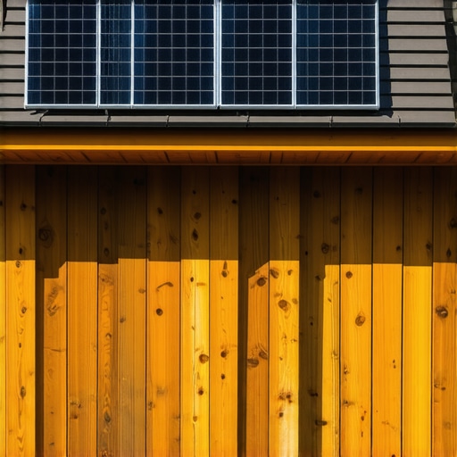 Rustic wooden cabin with solar panels surrounded by lush greenery, eco-friendly vacation in nature