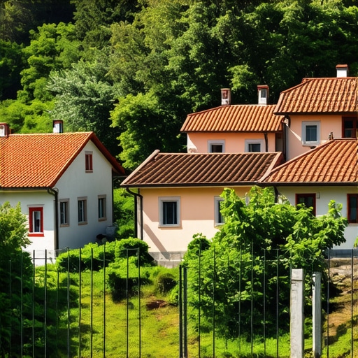 Panoramic view of traditional houses in Vevčani surrounded by lush greenery