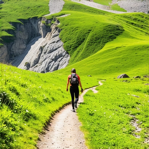 Scenic view of hikers on a mountain trail in Komovi with lush greenery and distant peaks