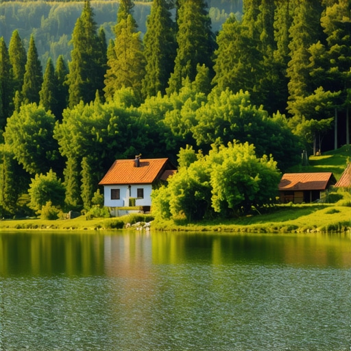 Beautiful landscape of Bosanska Derventa showing lake, traditional houses, and surrounding forests
