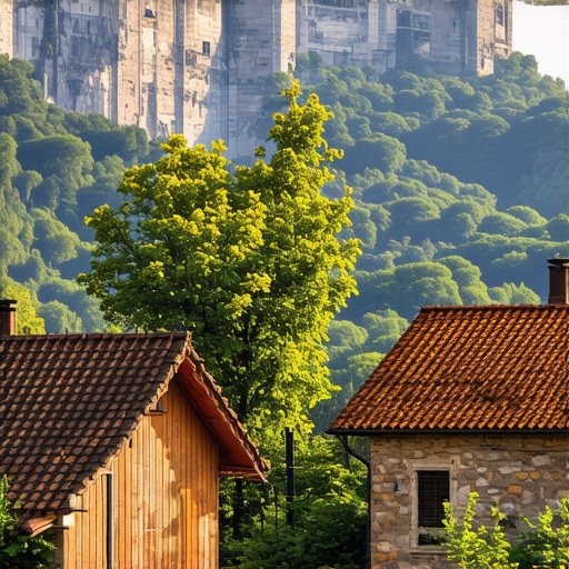 Traditional houses in Galičnik with mountain backdrop
