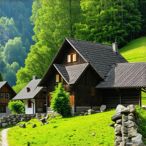 Beautiful landscape of Bosansko etno selo Vrtoče with mountains and greenery