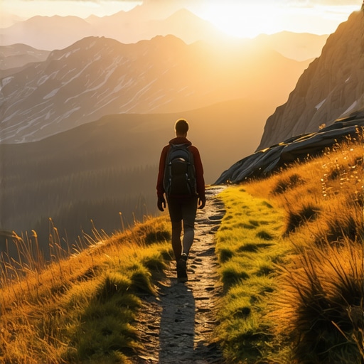 Hiking trail in mountains at sunrise with hikers