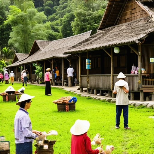 Tourists exploring a traditional village with local crafts and green landscape