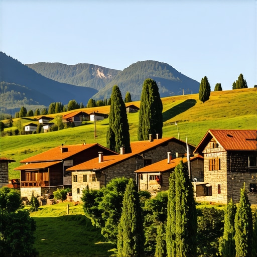 Panoramic view of Galičnik and Mavrovo with mountains and traditional houses
