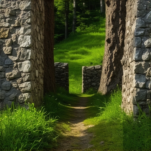 Hidden forest trail with stone gate in lush greenery of Stara planina Kalna