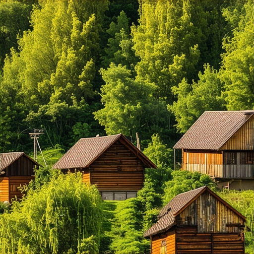 Scenic view of traditional Serbian village with wooden houses and surrounding nature