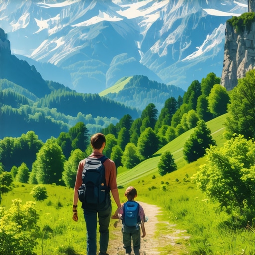 Beautiful Serbian mountain landscape with family hiking and lush greenery