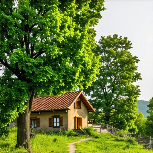 Scenic view of Serbian countryside with traditional farmhouses and lush greenery