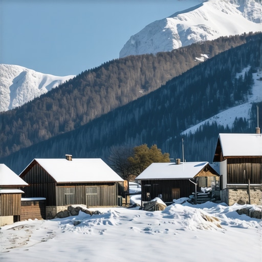 Snow-covered Serbian village with traditional houses and mountains