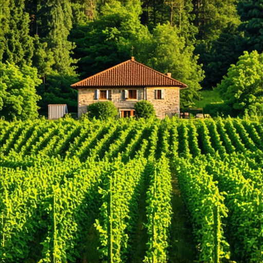 Traditional Serbian rural estate with vineyards and rustic house.