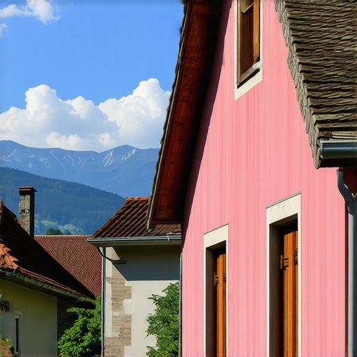 Traditional Slovenian village scene with mountains