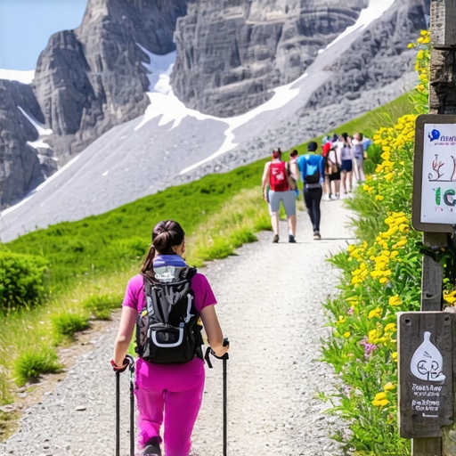 Hikers on an eco-friendly mountain trail with signage promoting sustainability.