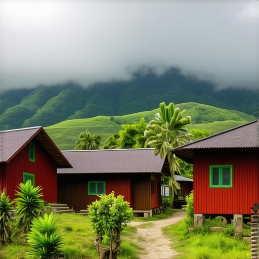Traditional houses integrated with modern eco-infrastructure in a rural tourism setting