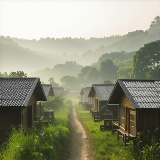 Eco-friendly rural village showcasing sustainable infrastructure and natural surroundings