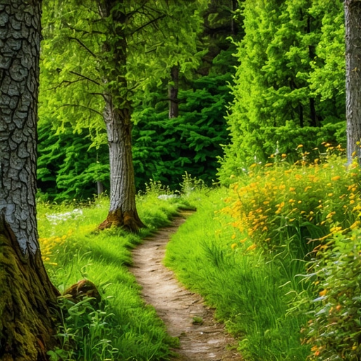 Hiking trail through lush green forest on Tara mountain with panoramic view