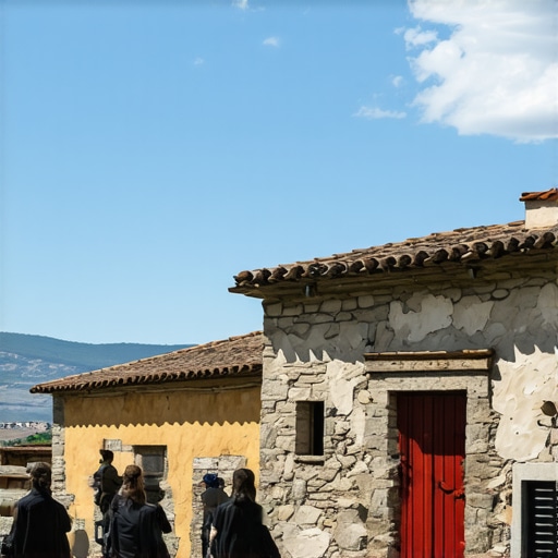 Scena tradisionalnog sela u Vevčanu sa ekološkim elementima i turistima