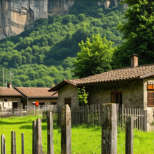 Scenic view of Bosnian village with mountains and traditional houses.