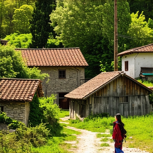 Bosnian village with traditional houses, natural landscape, and cultural activities
